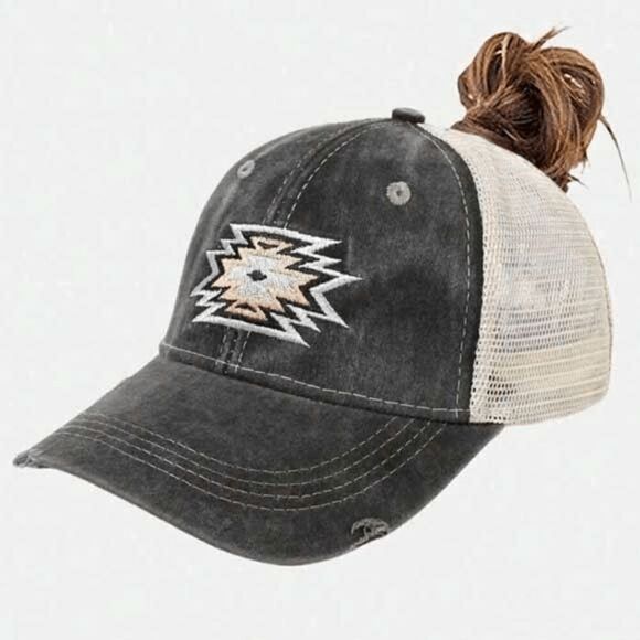 2/$30 Ladies Black Grey Aztec Distressed Ponytail Baseball Trucker Hat - Picture 1 of 5